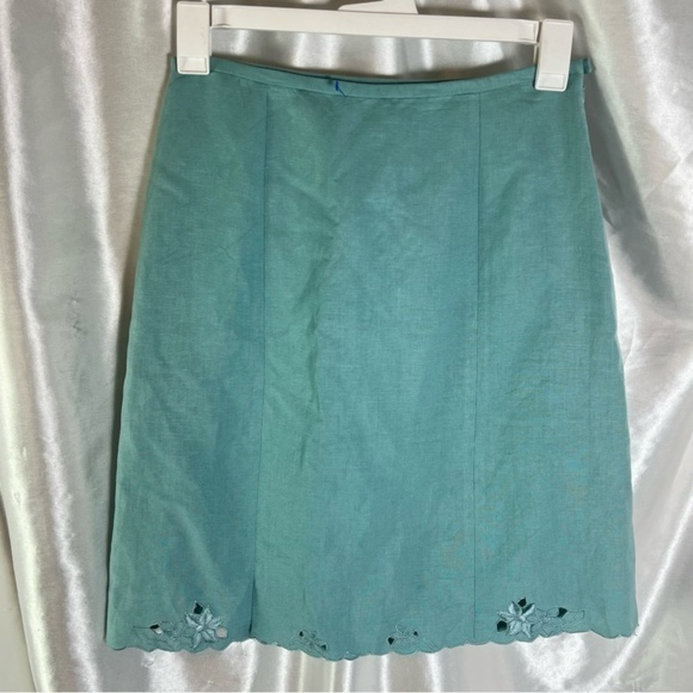 Vintage Teal Linen Blend Embroidered Midi Skirt Quiet Luxury Coastal Minimalist